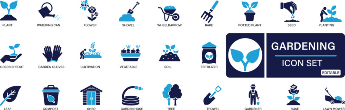 Gardening icon set plant, gardener, sprout, leaf, planting, seedling, shovel, watering can, rake, You can easily change the color