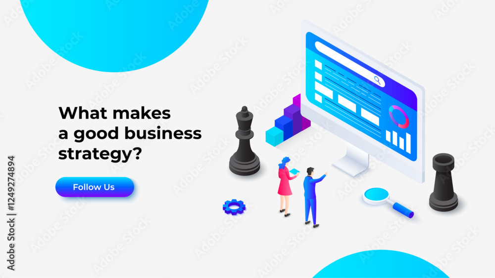 Poster Isometric illustration with chess pieces and a digital interface, emphasizing strategy, planning, and teamwork in developing effective business concepts and innovative solutions