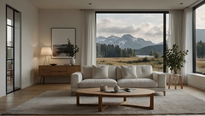  Bright living room with neutral tones, large windows showcasing mountain views, and minimalist décor