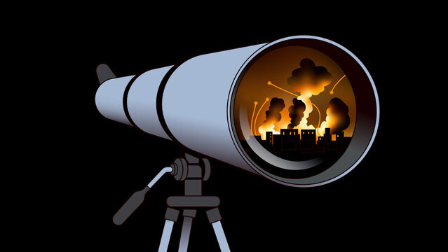 Burning bombed city in telescope lens