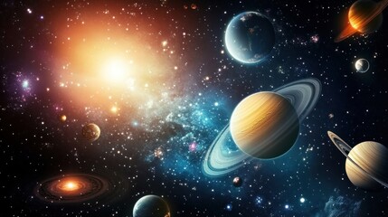 Naklejka premium A vibrant cosmic scene featuring planets, stars, and galaxies in deep space.