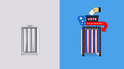 Contrast between drab and tempting voting booths in United States election
