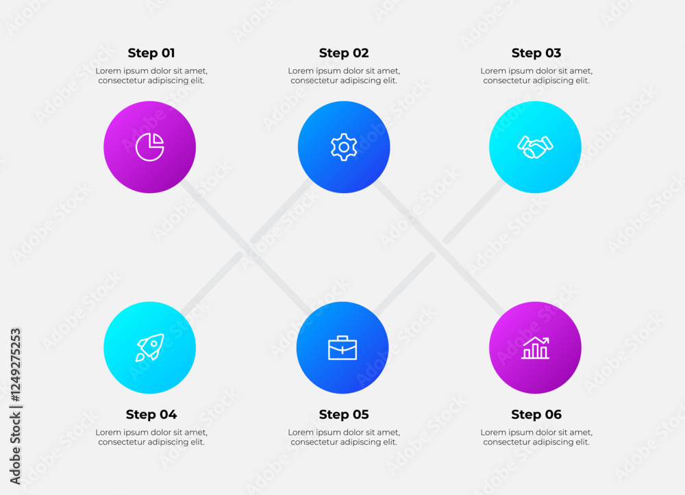 Aufkleber modern business process infographic showing six steps with gradient circles and icons. ideal for pre