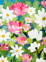 Abstract daisy flowers, original hand drawn, impressionism style, color texture, brush strokes of paint, art background.