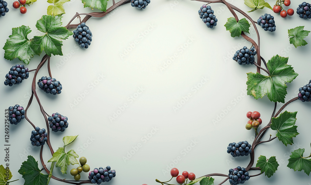 Poster A circular arrangement of green grapevines and grapes on a light background, creating a fresh and elegant design.