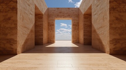 Dramatic architectural design with stone walls framing a bright sky and open space