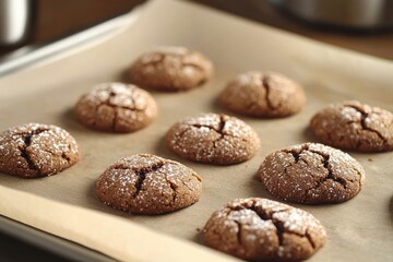 Freshly Baked Chocolate Crinkle Cookies on Parchment in Cozy Kitchen