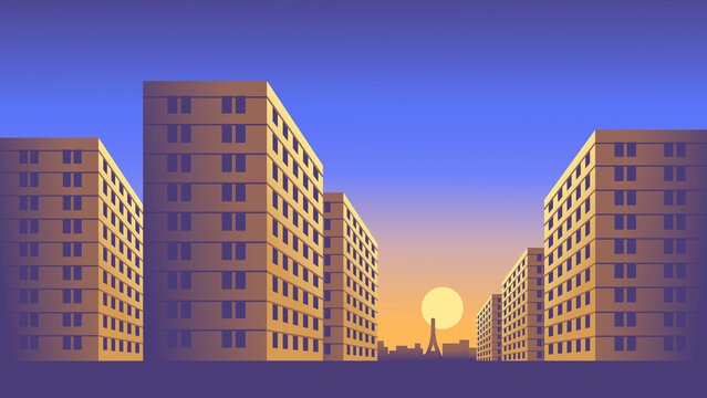 Rows of identical apartment blocks in outskirts of Paris 