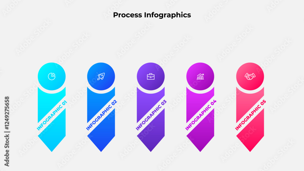 Aufkleber Infographic illustrating a five step business process with colorful gradient vertical arrows and icons, ideal for presentations, project planning, and corporate strategy displays