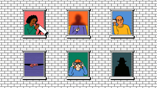 Suspicious nosy neighbours and silhouetted spy in apartment windows