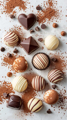 A set of white and dark chocolates with cocoa powder, featuring round, heart-shaped, and striped designs, arranged on a white background, studio photography with copy space.