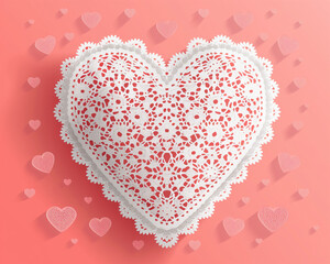White heart-shaped lace doily on a pink background with tiny hearts, vector illustration for Valentine's Day design with copy space