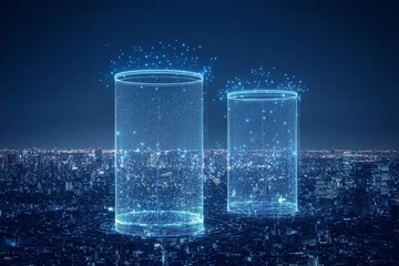 Futuristic Digital Cylinders Over City Skyline at Night with Glow