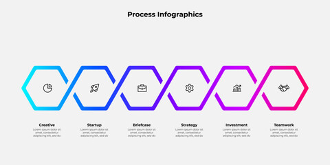 Infographic 6 steps process with hexagons elements, suitable for business, marketing, or academic use in visualizing workflows, strategies, or concise step-by-step instructions