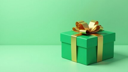 Fototapeta premium A Beautifully Wrapped Green Gift Box with a Golden Bow on a Matching Background