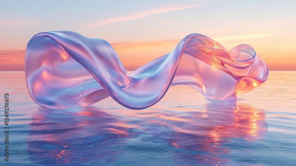 Poster a mesmerizing display of glossy, iridescent ribbons floats gracefully above calm waters, reflecting 