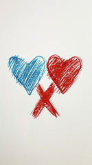 Children's drawing of X and O forming a heart, symbolizing love for American football, on white paper with red ink and blue pen, minimalistic Valentine's Day art with copy space
