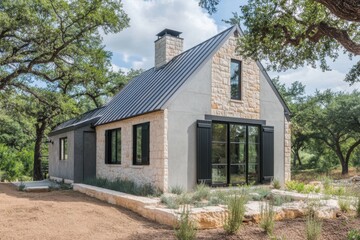 Obraz premium Nestled in a serene rural landscape, this enchanting stone house boasts a contemporary design, all while being enveloped by lush trees on a bright, sunny day