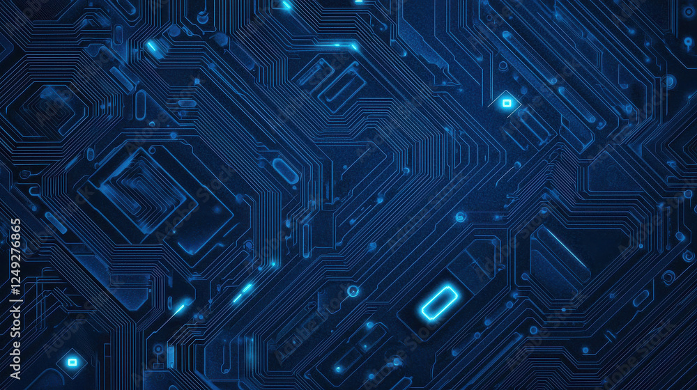 Poster glowing deep blue background with circuit board patterns creates tech vibe
