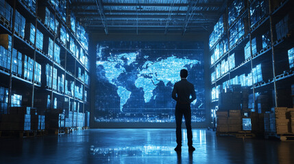 Man standing in warehouse observing large screen displaying data and information