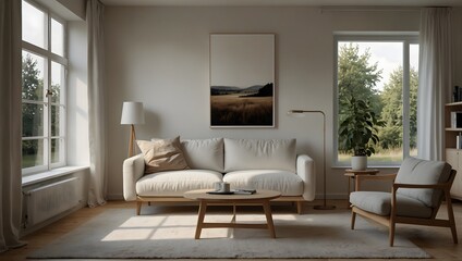 Bright living room with neutral tones, natural light, and cozy seating around a wooden coffee table