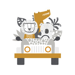 Vector illustration cute lion, koala and crocodile riding in a jeep. African animals and tropical leaves. Safari. Jungle. Cute animals for children. Poster, print, card. Scandinavian style.