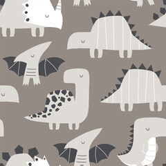 Vector seamless beige children's pattern with cute dinosaurs. Triceratops, t-rex, raptor, stegosaurus, pterodactyl. Creative kids texture for fabric, wrapping, textile, wallpaper. Scandinavian style. © ZHUKO