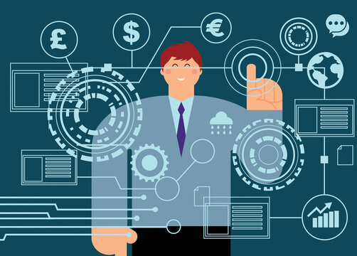 Businessman using touchscreen for global communication