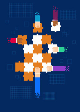 Pixelated arms working together to solve jigsaw puzzle