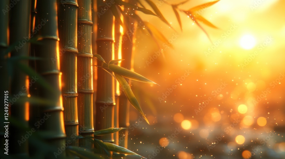 Poster serene bamboo grove illuminated by golden sunlight with soft bokeh in the background
