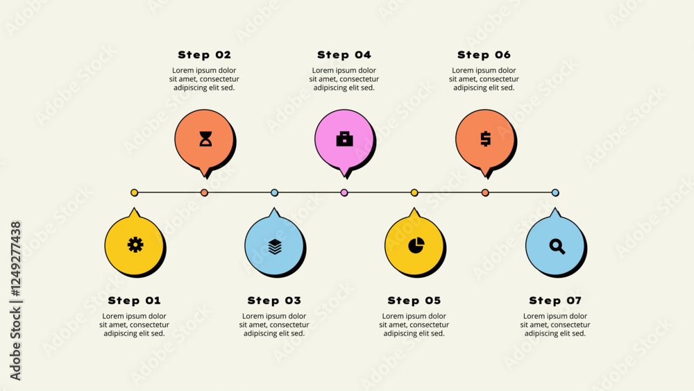 Poster Seven horizontal circle elements. Concept of 7 options of business development process. Timeline vector illustration. Neobrutalism infographic template