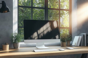 Modern Workspace with Wooden Desk and Computer Monitor in Natural Light