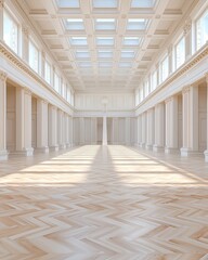 Naklejka premium A grand, empty hall with elegant architectural details and soft natural light streaming through the skylights.