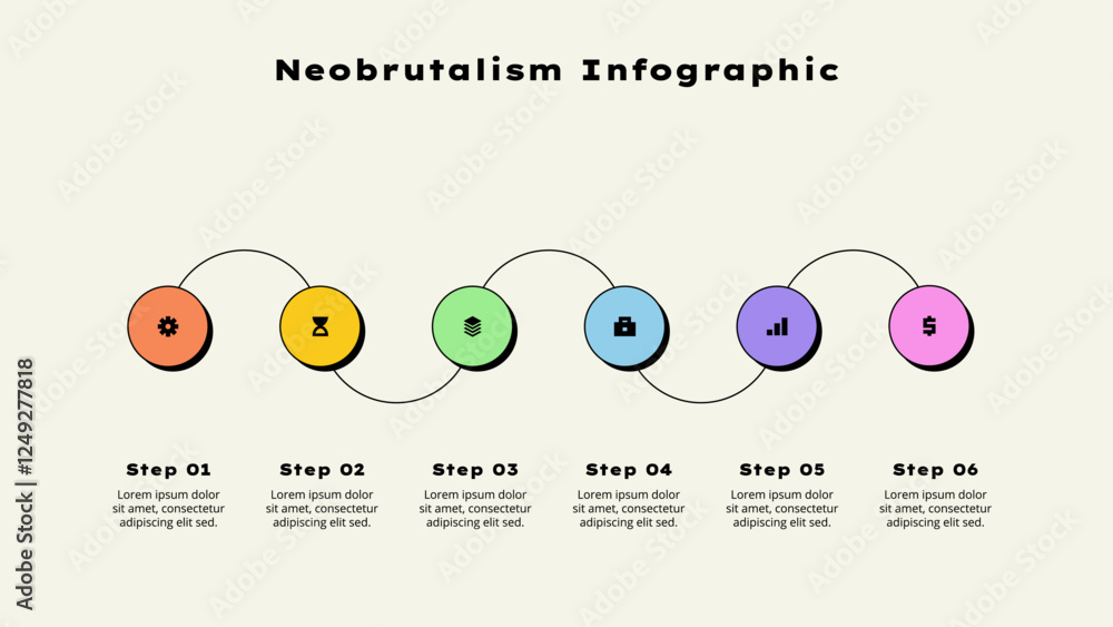 Poster Six horizontal circle elements. Concept of 6 options of business development process. Timeline vector illustration. Neobrutalism infographic template