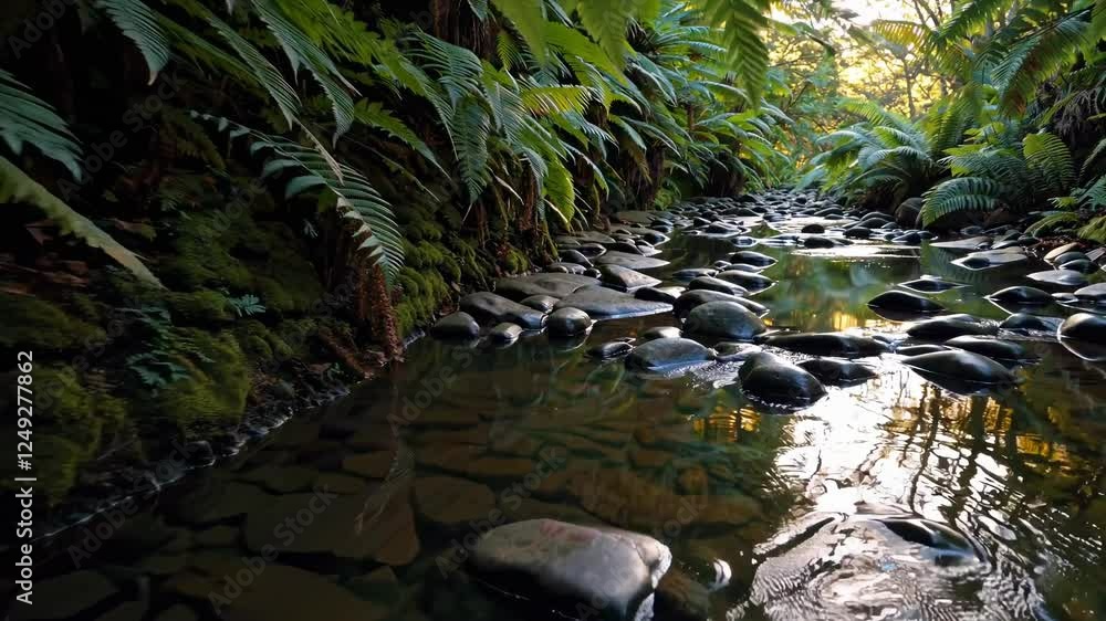 Poster tranquil stream flows through lush greenery in a serene natural setting during early morning light