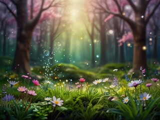 Beautiful firefly in the night at nature forest. Spring banner, spring update concept