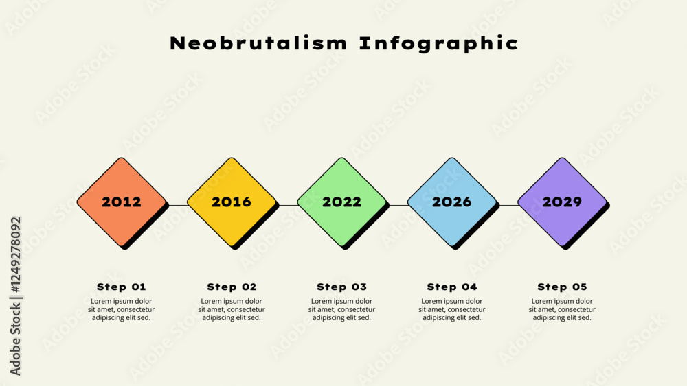 Poster Five horizontal elements. Concept of 5 options of business development process. Timeline vector illustration. Neobrutalism infographic template