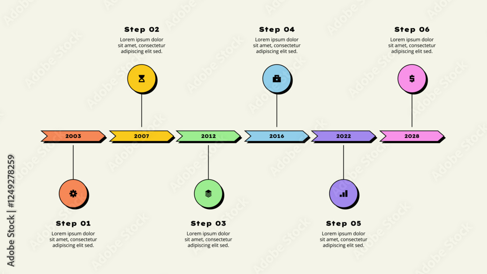 Poster six horizontal circle elements. concept of 6 options of business development process. timeline vecto