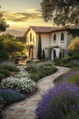 Fototapeta premium Beautiful garden pathway leads to a charming villa in a serene landscape at sunset with vibrant flowers and lush greenery