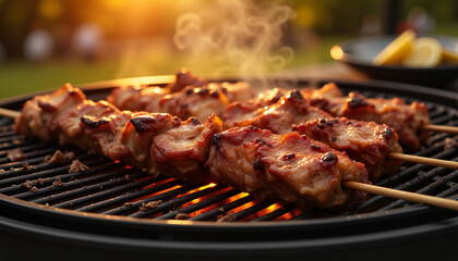 Marinated lamb skewers grilling under sunset, outdoor barbecue feast