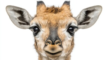 Obraz premium Close-Up Portrait of a Young Giraffe Against White Background