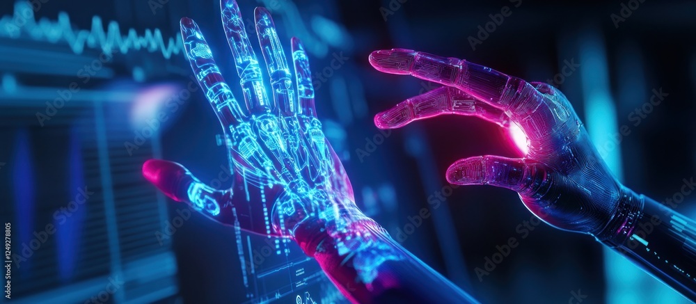 Poster futuristic robotic hands interacting with digital interface and data visualization