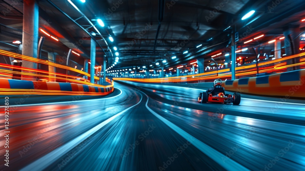 Poster go kart racing takes place on an illuminated indoor track, showcasing bright neon lights and a skill