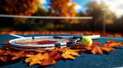 A tennis racket and ball resting on colorful autumn leaves on a court in a vibrant park
