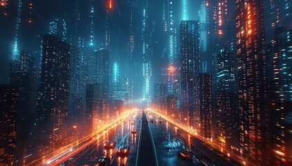 Fototapeta premium Cyberpunk Cityscape: Neon Lights and Data Streams