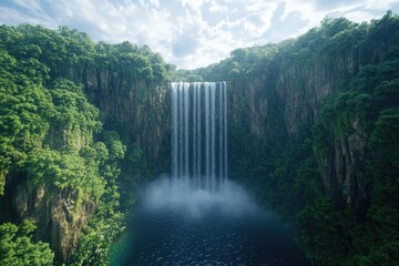 A serene natural landscape of a cascading waterfall surrounded by lush greenery.