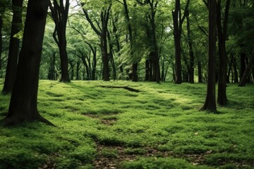 Fototapeta premium Green Woods: Natural Landscape of Lush Trees and Grass Growth in a Park Setting