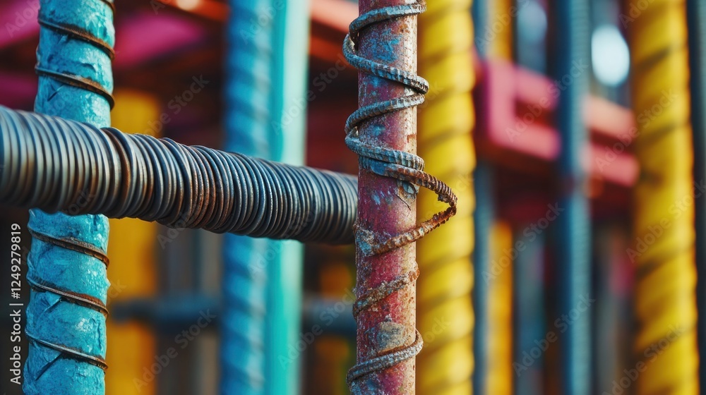 Poster colorful rebar framework: a macro view of construction material art