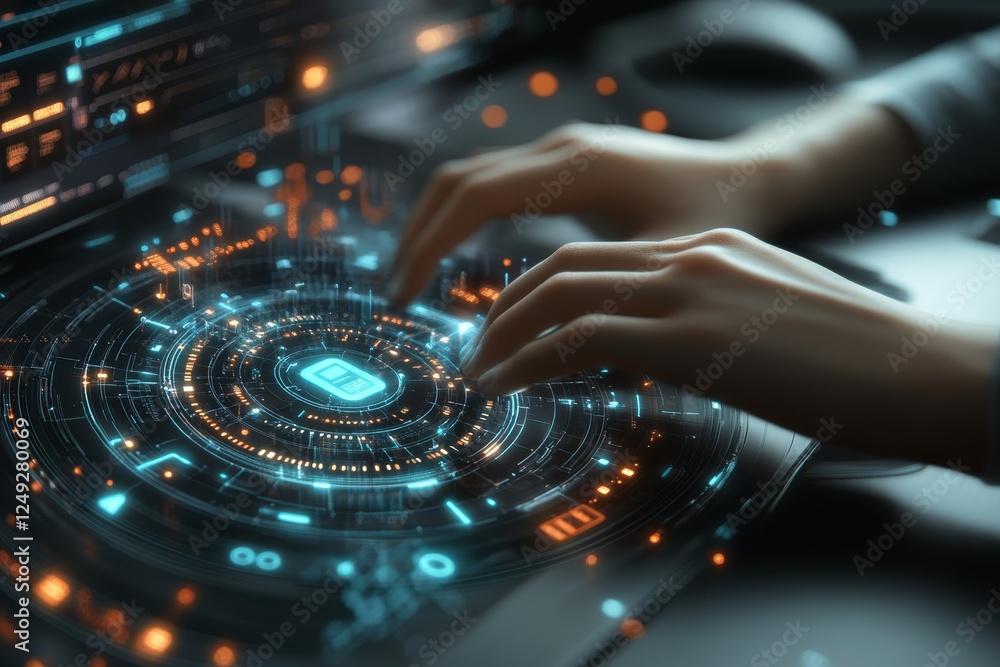 Poster futuristic interface with hands engaging in digital interaction