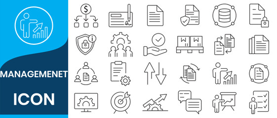 Business Management Outline Icon Collection. Thin Line Set contains such Icons as Vision, Mission, Values, Human Resource, Experience and more. Simple web icons set. vector illustration